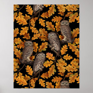 Autumn owls on black poster