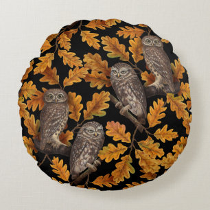 Autumn owls on black round cushion