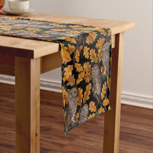Autumn owls on black short table runner