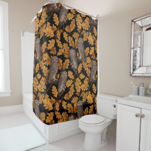 Autumn owls on black shower curtain