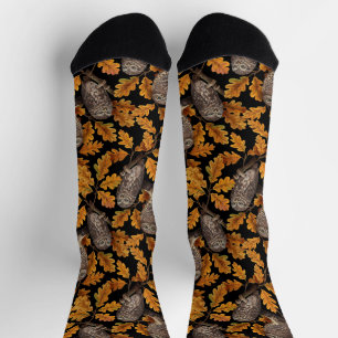 Autumn owls on black socks