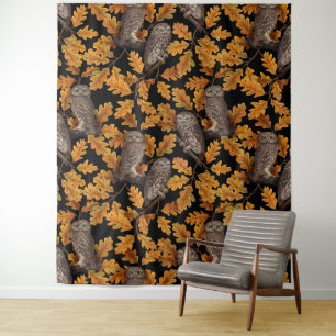 Autumn owls on black tapestry
