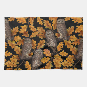 Autumn owls on black tea towel