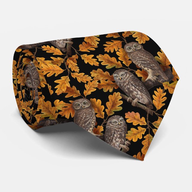 Autumn owls on black tie (Rolled)