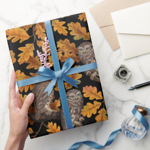 Autumn owls on black wrapping paper