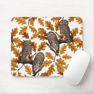 Autumn owls on cotton white mouse mat