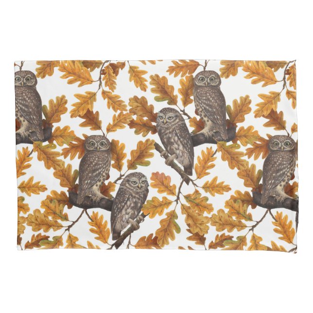 Autumn owls on cotton white pillowcase (Front-Left)