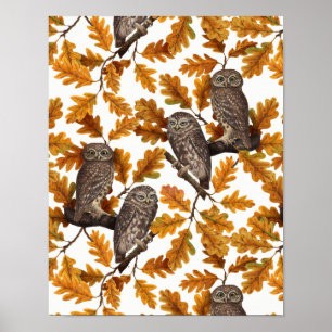 Autumn owls on cotton white poster