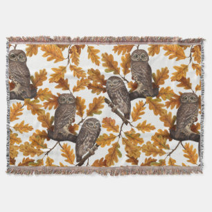 Autumn owls on cotton white throw blanket