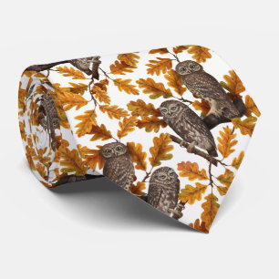 Autumn owls on cotton white tie