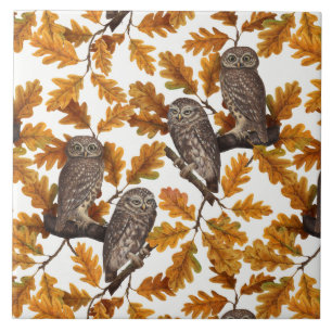 Autumn owls on cotton white tile