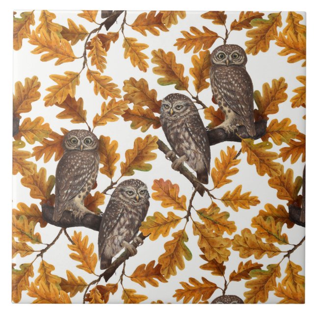 Autumn owls on cotton white tile (Front)