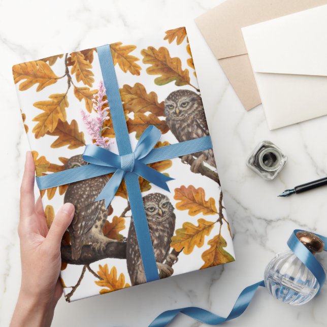 Autumn owls on cotton white wrapping paper (Gifting)