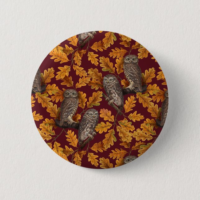 Autumn owls on dark red 6 cm round badge (Front)