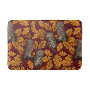 Autumn owls on dark red bath mat