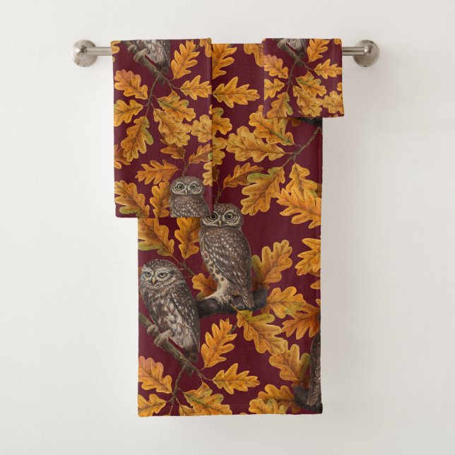 Autumn owls on dark red bath towel set (Insitu)