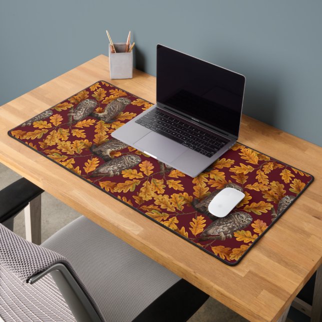 Autumn owls on dark red desk mat (Office 2)