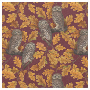 Autumn owls on dark red fabric