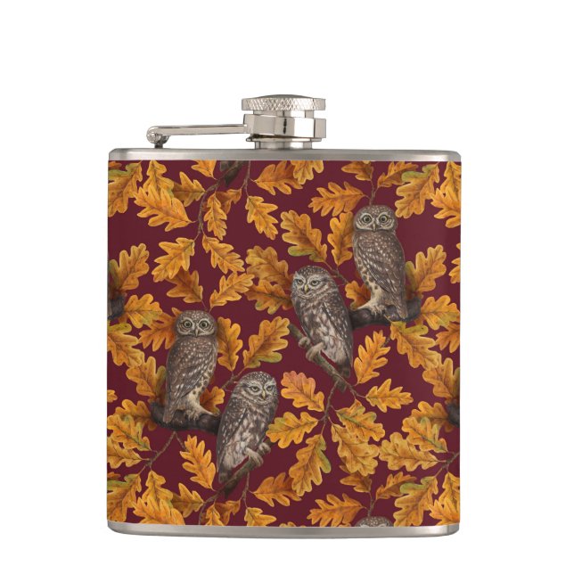 Autumn owls on dark red hip flask (Front)