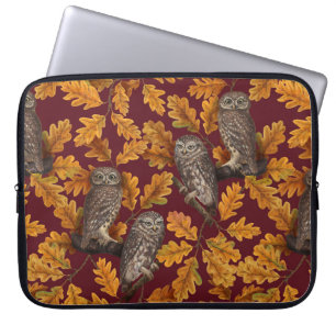 Autumn owls on dark red laptop sleeve