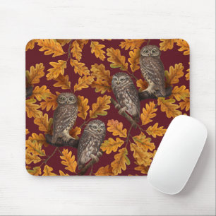 Autumn owls on dark red mouse mat