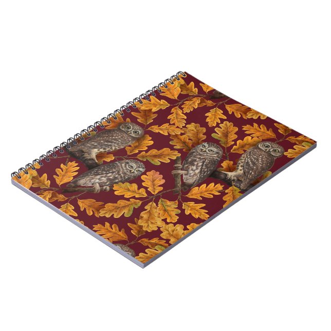 Autumn owls on dark red notebook (Left Side)