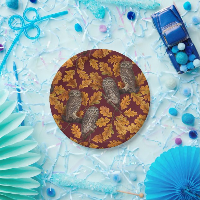 Autumn owls on dark red paper plate (Party)