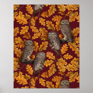 Autumn owls on dark red poster