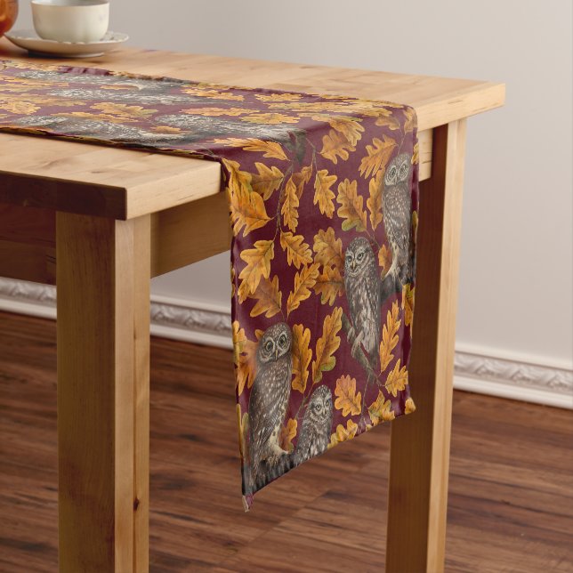 Autumn owls on dark red short table runner (In Situ)