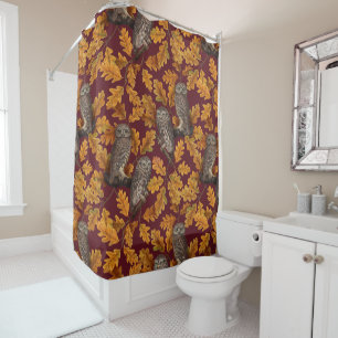Autumn owls on dark red shower curtain