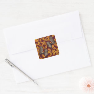 Autumn owls on dark red square sticker