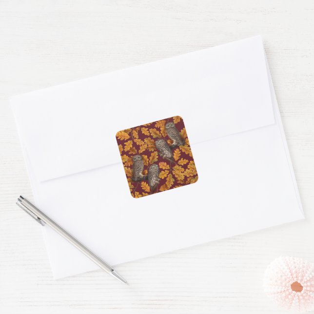 Autumn owls on dark red square sticker (Envelope)