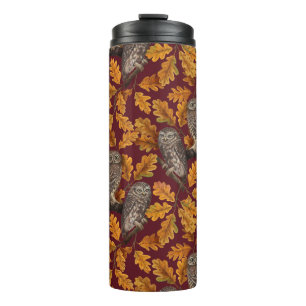 Autumn owls on dark red thermal tumbler