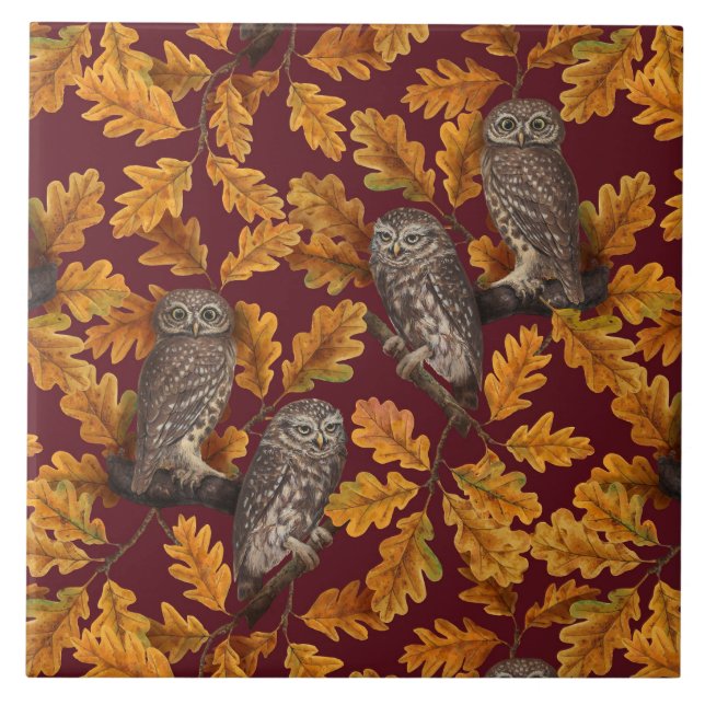 Autumn owls on dark red tile (Front)