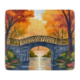 Autumn Park Bridge Fall Foliage Watercolor Cutting Board