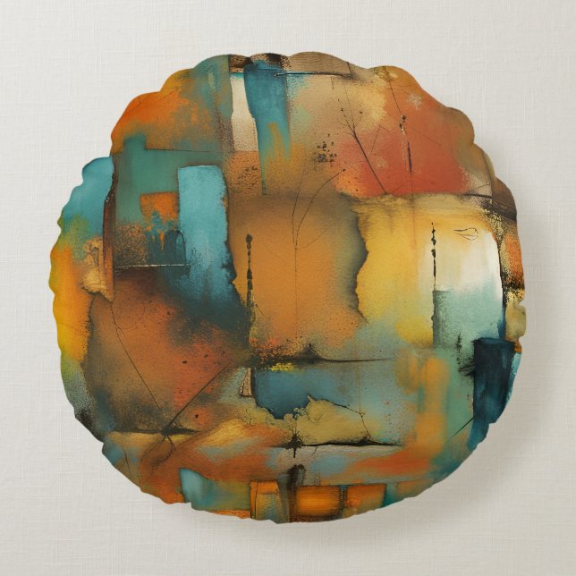 Autumn patchwork abstract round cushion (Front)