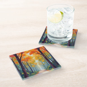 Autumn Path Fall Foliage Painting Glass Coaster