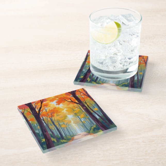 Autumn Path Fall Foliage Painting Glass Coaster (Angled)