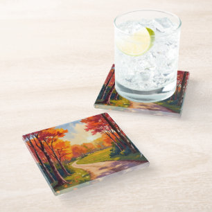 Autumn Path Red Foliage Nature Landscape Glass Coaster
