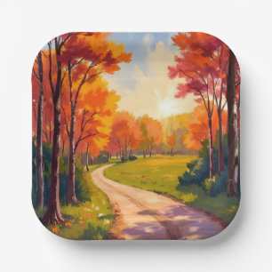 Autumn Path   Red Foliage Nature Landscape Paper Plate