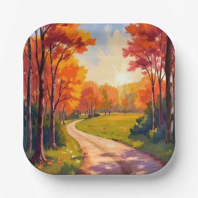 Autumn Path | Red Foliage Nature Landscape Paper Plate (Front)