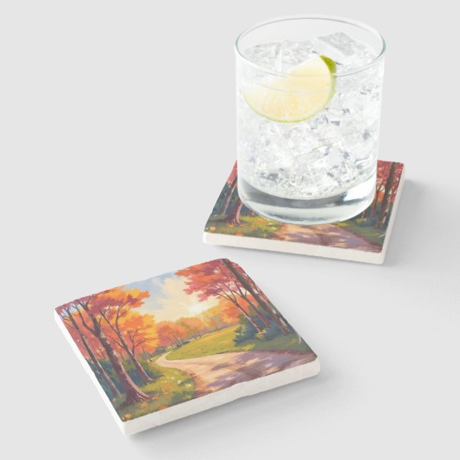 Autumn Path | Red Foliage Nature Landscape Stone Coaster (Side)