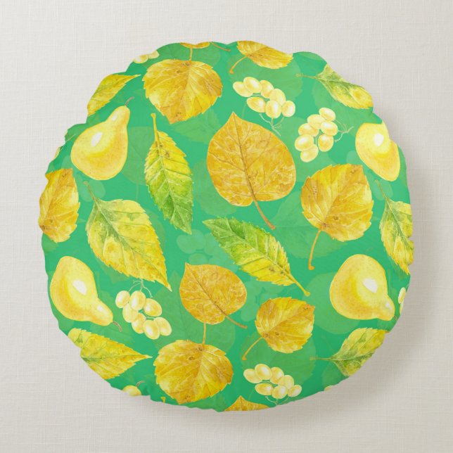 Autumn pattern watercolor round cushion (Front)