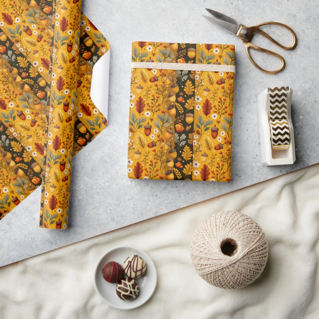 Autumn Pattern with Acorns, White Flowers  Wrapping Paper (Crafts)