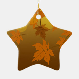 Autumn pattern with falling maple leaves and bokeh ceramic tree decoration