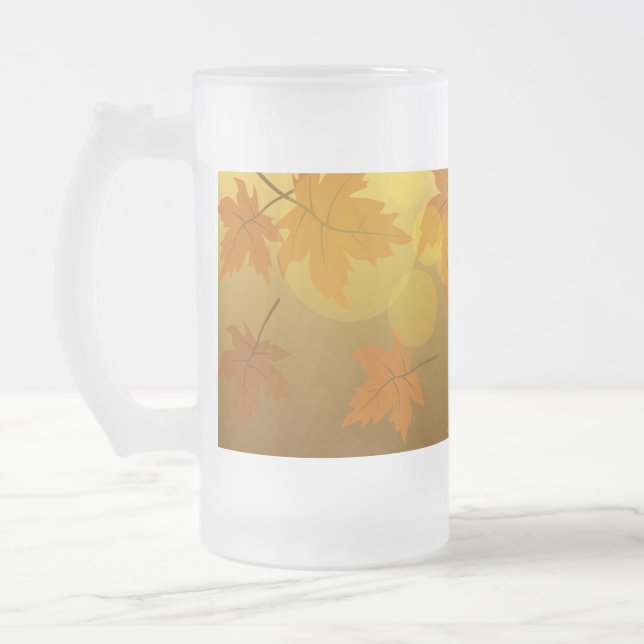 Autumn pattern with falling maple leaves and bokeh frosted glass beer mug (Left)