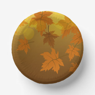Autumn pattern with falling maple leaves and bokeh paper plate