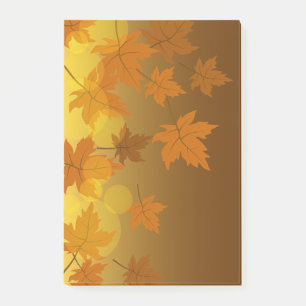 Autumn pattern with falling maple leaves and bokeh post-it notes