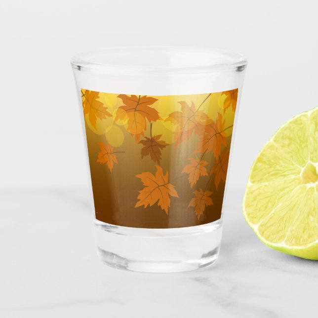 Autumn pattern with falling maple leaves and bokeh shot glass (Front)