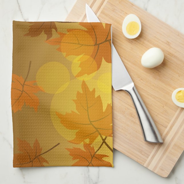 Autumn pattern with falling maple leaves and bokeh tea towel (Quarter Fold)